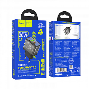 HOCO N34 Черный ЗУ с TYPE-C/USB (PD20W+QC3.0, 3000mA)