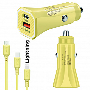 TDS TS-CAU54 Желтый ЗУ авто USB + кабель iOS Lightning (Type-C, 2400mA)