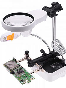 Третья рука для пайки с подсветкой, универсальный держатель на подставке с лупой 2 руки Орбита OT-INL62