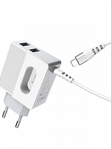 HOCO C75 Белый ЗУ с 2*USB + кабель IOS Lighting (5B, 2400mA)
