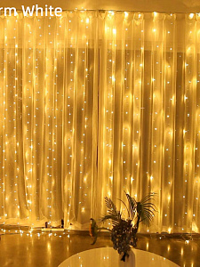 Огонек OG-LDG09 гирлянда-штора LED Белая теплая (3х3м,300 ламп,USB)