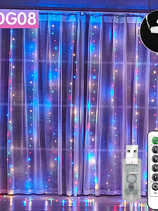 Огонек OG-LDG08 гирлянда-штора с крючком LED Мультицвет (3х3м,300 ламп,USB)