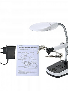 Третья рука для пайки с подсветкой , универсальный держатель на подставке с лупой 2 руки OT-INL44