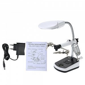 Третья рука для пайки с подсветкой , универсальный держатель на подставке с лупой 2 руки OT-INL44