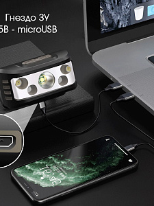 Фонарь налобный с датчиком движения, фонарик аккумуляторный Следопыт PT-FLG38