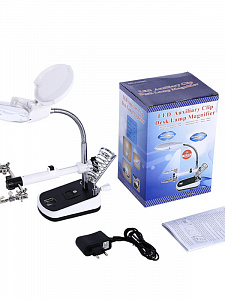 Третья рука для пайки с подсветкой , универсальный держатель на подставке с лупой 2 руки OT-INL44