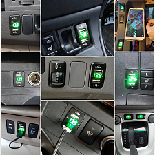 Розетка питания. Разъем в авто врезной на 2USB гнезда12-24В TDS TS-CAU47 Зеленая