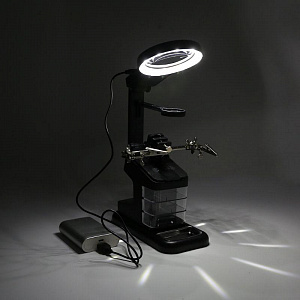 Третья рука для пайки с подсветкой, универсальный держатель на подставке с лупой 2 руки Орбита OT-INL48