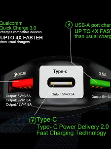 TDS TS-CAU34 Черный ЗУ авто USB (QC3.0,3500mA)