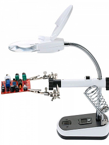 Третья рука для пайки с подсветкой , универсальный держатель на подставке с лупой 2 руки OT-INL44