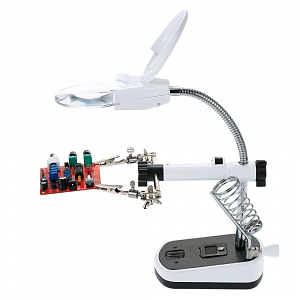Третья рука для пайки с подсветкой , универсальный держатель на подставке с лупой 2 руки OT-INL44