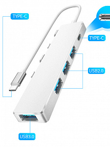 Орбита OT-PCR20 Серебро концентратор USB 2.0 (4*USB+Type-C)