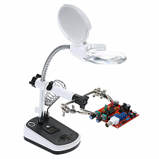 Третья рука для пайки с подсветкой , универсальный держатель на подставке с лупой 2 руки OT-INL44