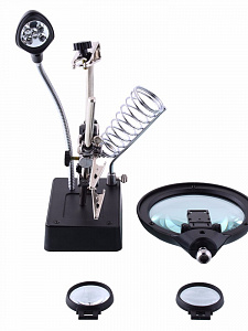 Третья рука для пайки с подсветкой , универсальный держатель на подставке с лупой 2 руки Орбита OT-INL46