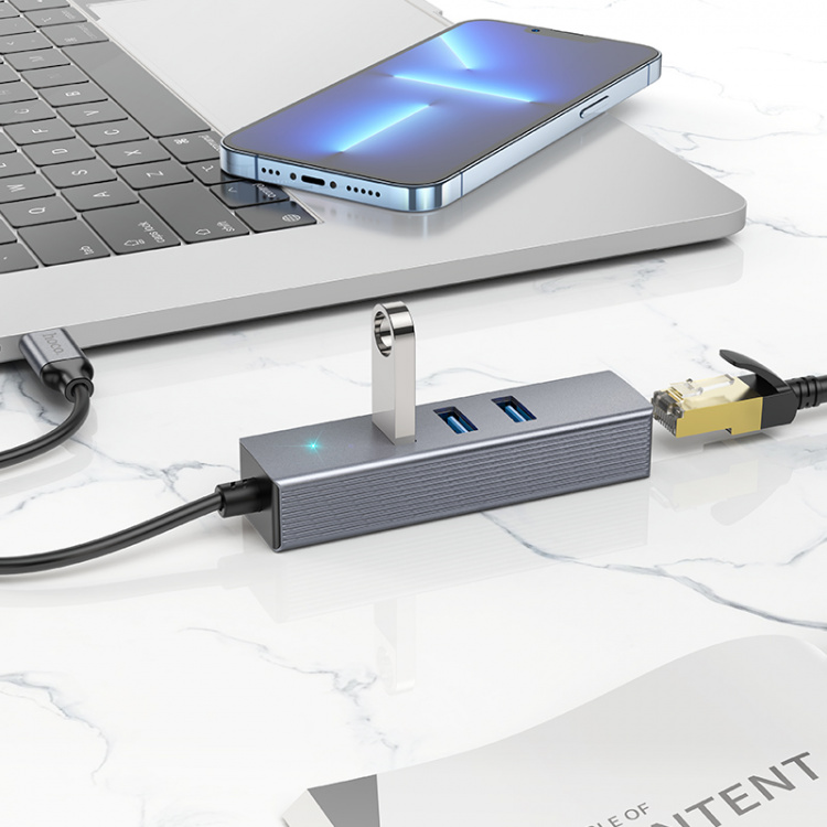 HOCO HB34 концентратор Type-C (3*USB 3.0, RG45) 1.5м