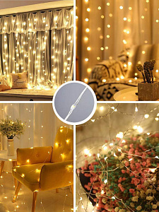 Огонек OG-LDG08 гирлянда-штора с крючком LED Белая теплая (3х3м,300 ламп,USB)