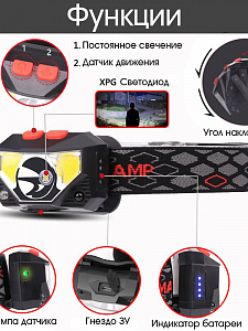 Фонарь налобный с датчиком движения, фонарик аккумуляторный Следопыт PT-FLG25