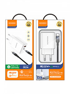 SENDEM OG34 ЗУ с TYPE-C/USB + кабель IOS Lightning-Type-C 1.2м (PD20W+QC3.0, 3000mA)