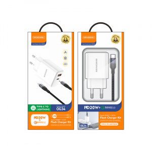 SENDEM OG34 ЗУ с TYPE-C/USB + кабель IOS Lightning-Type-C 1.2м (PD20W+QC3.0, 3000mA)