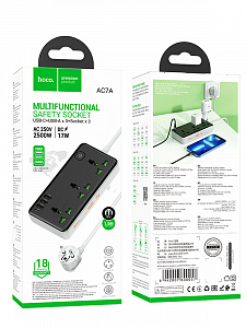 HOCO AC7 Черный сетевой фильтр (3гн, 1*Type-C,3*USB) 1.5м