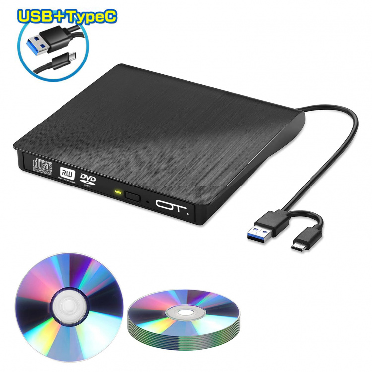 Внешний дисковод для ноутбука и ПК USB 3.0 / Type-C CD-RW, DVD-RW Орбита OT-PCA03