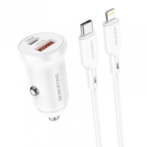 BOROFONE BZ18A Белый ЗУ авто USB + кабель iOS Lightning - Type-C (PD20W+QC3.0, 3000mA)