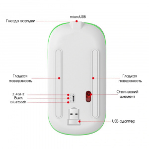 Мышь беспроводная бесшумная с подсветкой 2 в 1 Орбита OT-PCM66 Серая