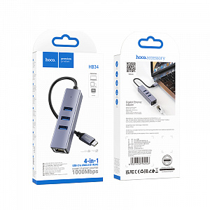 HOCO HB34 концентратор Type-C (3*USB 3.0, RG45) 1.5м