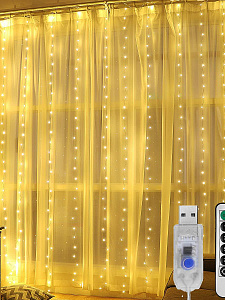Огонек OG-LDG08 гирлянда-штора с крючком LED Белая теплая (3х3м,300 ламп,USB)
