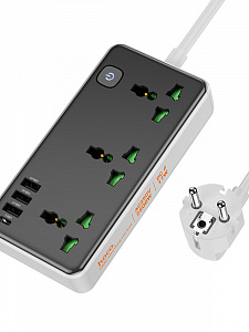 HOCO AC7 Черный сетевой фильтр (3гн, 1*Type-C,3*USB) 1.5м
