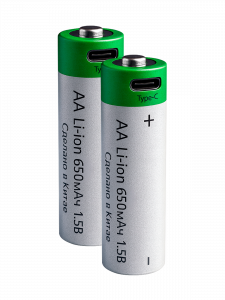Аккумулятор пальчиковый AA R6, 650мАч, 1.5V от USB Type-C, 2шт Орбита
