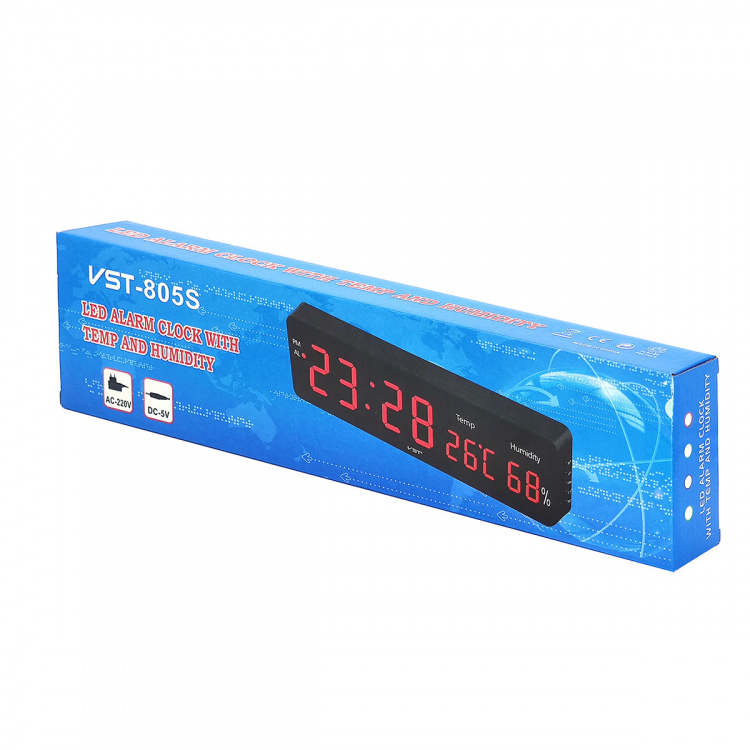 VST 805S-1 Красные часы настенные (температура, влажность)