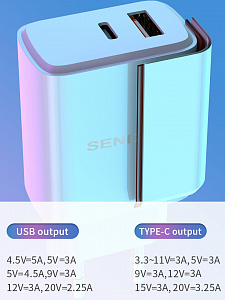 SENDEM OG34 ЗУ с TYPE-C/USB + кабель Type-C -Type-C 1.2м (PD20W+QC3.0, 3000mA)