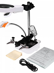 Третья рука для пайки с подсветкой, универсальный держатель на подставке с лупой 2 руки Орбита OT-INL62