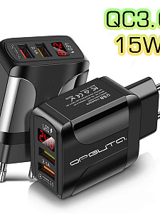 Зарядное устройство для телефона на 2 гнезда, Быстрая зарядка 20W адаптер QC 3.0 с дисплеем Орбита OT-APU59 Черный