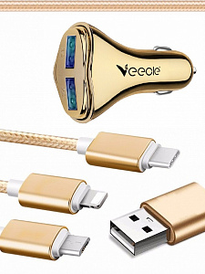 VEECLE HM-C13 MicroUSB/Type-C/iPhone ЗУ в прикуриватель USB + кабель (5B,2100mA)