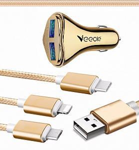 VEECLE HM-C13 MicroUSB/Type-C/iPhone ЗУ в прикуриватель USB + кабель (5B,2100mA)