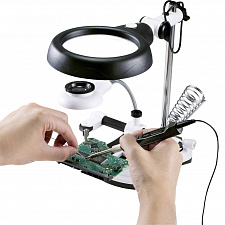 Третья рука для пайки с подсветкой, универсальный держатель на подставке с лупой 2 руки Орбита OT-INL47