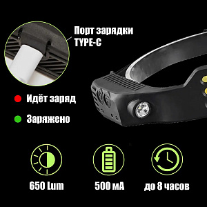 Фонарь налобный с датчиком движения гибкий, фонарик аккумуляторный Следопыт ST-FLG15