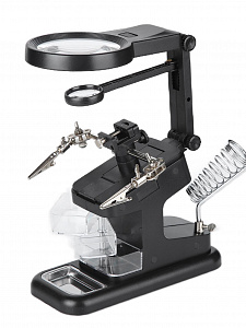 Третья рука для пайки с подсветкой, универсальный держатель на подставке с лупой 2 руки Орбита OT-INL48