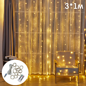 Огонек OG-LDG10 гирлянда-штора LED Белая теплая (3х1м,100 ламп,USB)