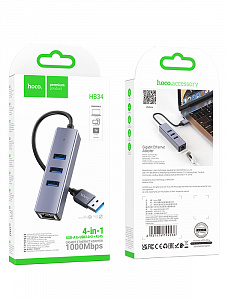 HOCO HB34 концентратор USB (3*USB 3.0, RG45) 1.5м