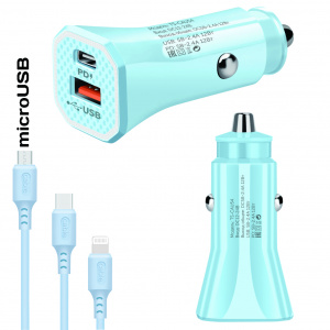 TDS TS-CAU54 Синий ЗУ авто USB + кабель Micro USB (Type-C, 2400mA)
