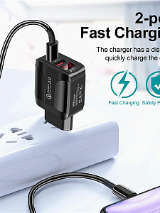 Зарядное устройство для телефона на 2 гнезда, Быстрая зарядка 20W адаптер QC 3.0 с дисплеем Орбита OT-APU59 Черный